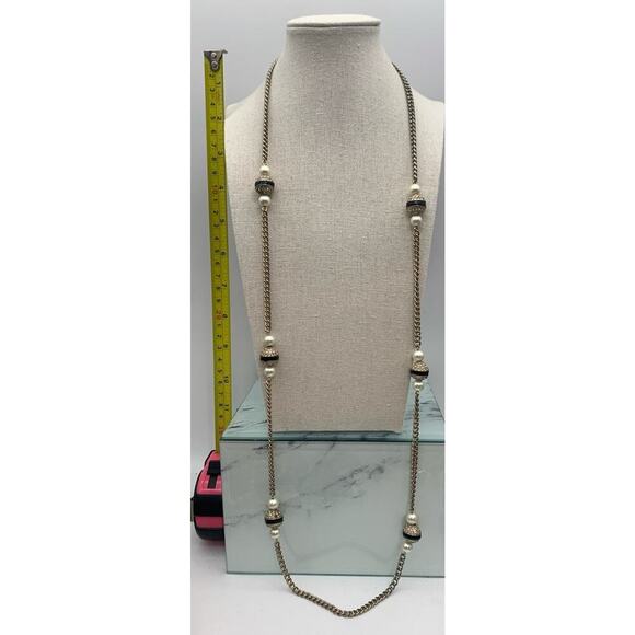 J Crew Gold Tone Pave Rhinestone Stations With Faux Pearls Necklace - Picture 5 of 6